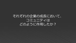 それぞれの企業の成長において、
コミュニティは
どのように作用したか？
 
