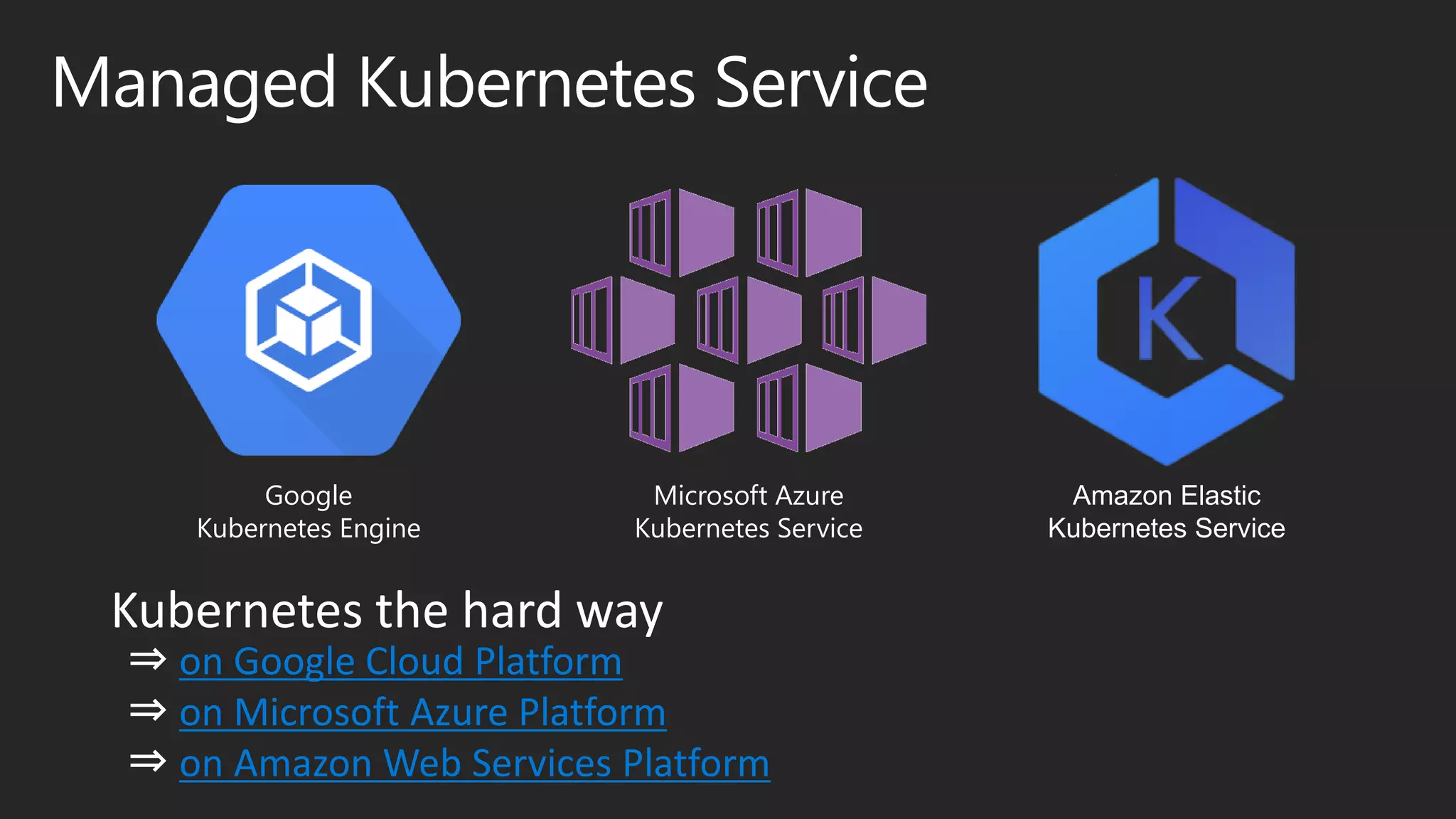 Managed Kubernetes Service
Amazon Elastic
Kubernetes Service
Google
Kubernetes Engine
Microsoft Azure
Kubernetes Service
⇒ on Google Cloud Platform
⇒ on Microsoft Azure Platform
⇒ on Amazon Web Services Platform
Kubernetes the hard way
 