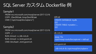 SQL Server カスタム Dockerfile 例
Sample1
FROM mcr.microsoft.com/mssql/server:2017-CU16
COPY ./DevDB.bak /tmp/DevDB.bak
CMD ["/opt/mssql/bin/sqlservr"]
Sample2
FROM mcr.microsoft.com/mssql/server:2017-CU16
COPY . /
RUN chmod +x /db-init.sh
RUN chmod +x /entrypoint.sh
CMD /bin/bash ./entrypoint.sh
sleep 15s
/opt/mssql-tools/bin/sqlcmd –i ddl.sql
/db-init.sh & /opt/mssql/bin/sqlservr
CREATE DATABASE mydb
GO
CREATE TABLE mytable (….
GO
….
db-init.sh
entrypoint.sh
ddl.sql
 