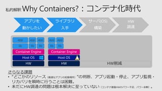 さらなる課題
• “どこかのリソース（最適なアプリの起動場所）”の判断、アプリ起動・停止、アプリ監視・
リカバリを瞬時に行うことは困難。
• 未だにHW調達の問題は根本解決に至っていない（コンテナ基盤HWのパワー不足、パワー余剰）。
アプリを
動かしたい
ライブラリ
入手
サーバ(OS)
構築
HW
調達
HW削減
app
lib
app
lib
app
liblib
app app
lib
 
