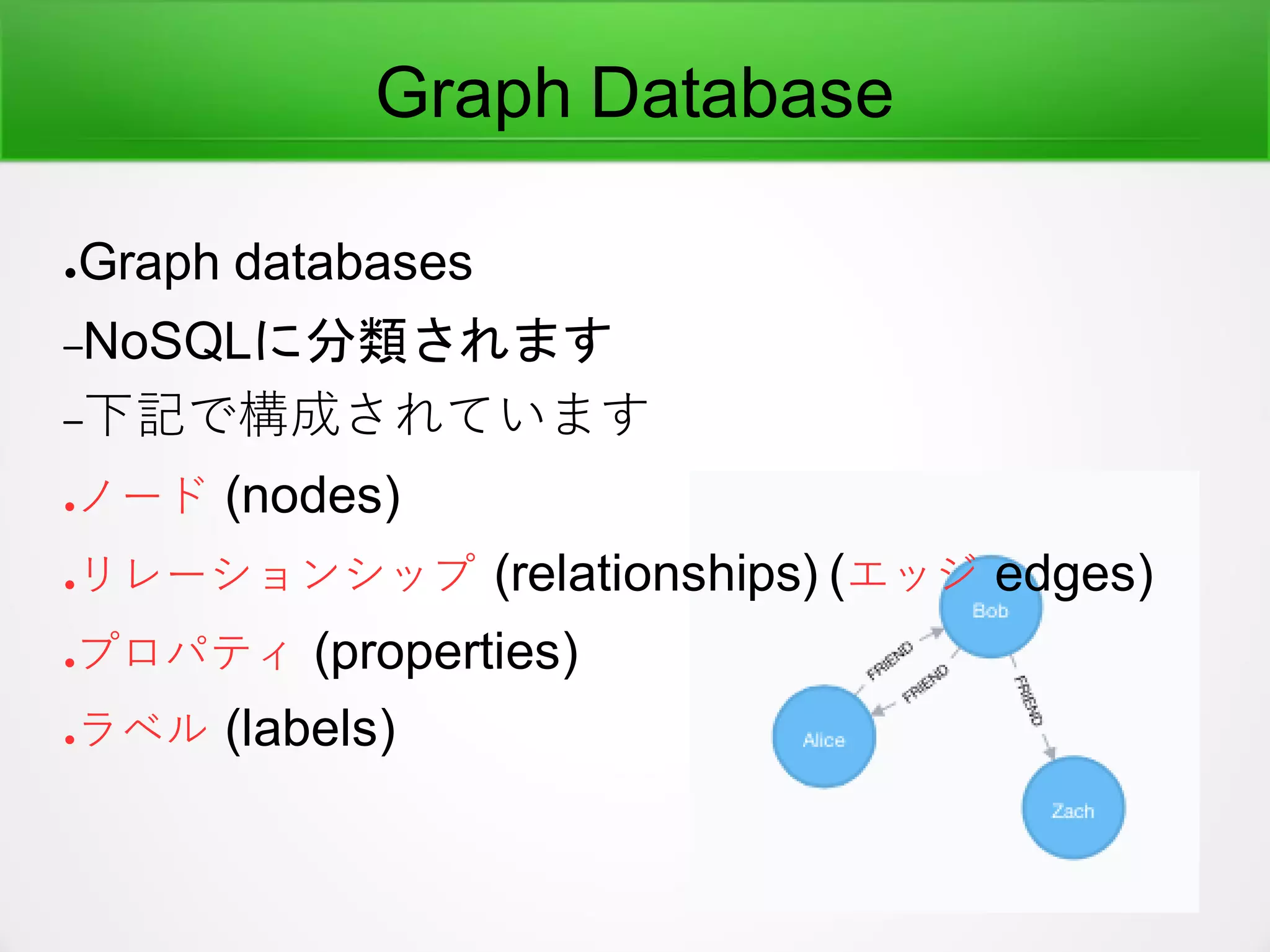 Graph Database
●Graph databases
–NoSQLに分類されます
–下記で構成されています
●ノード (nodes)
●リレーションシップ (relationships) (エッジ edges)
●プロパティ (properties)
●ラベル (labels)
 