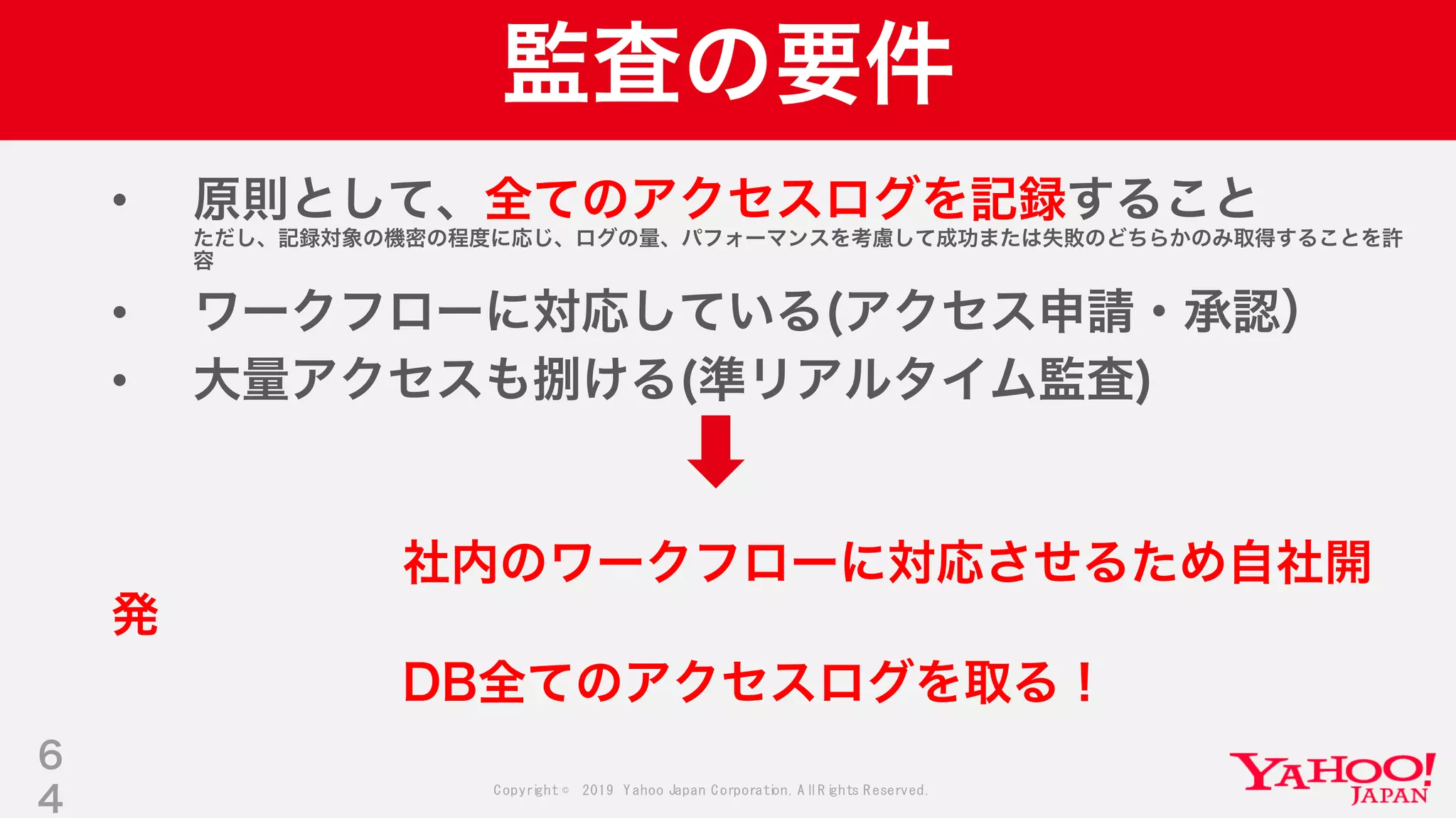 Copyright © 2019 Yahoo Japan Corporation.AllRights Reserved.
監査の要件
• 原則として、全てのアクセスログを記録すること
ただし、記録対象の機密の程度に応じ、ログの量、パフォーマンスを考慮して成功または失敗のどちらかのみ取得することを許
容
• ワークフローに対応している(アクセス申請・承認）
• 大量アクセスも捌ける(準リアルタイム監査)
社内のワークフローに対応させるため自社開
発
DB全てのアクセスログを取る！
6
4
 