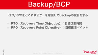 Copyright © 2019 Yahoo Japan Corporation.AllRights Reserved.
Backup/BCP
RTO/RPOをどこにするか、を意識してBackupの設計をする
• RTO（Recovery Time Objective）：目標復旧時間
• RPO（Recovery Point Objective）：目標復旧ポイント
3
3
 