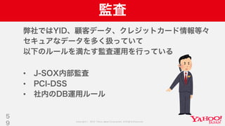 Copyright © 2019 Yahoo Japan Corporation.AllRights Reserved.
監査
弊社ではYID、顧客データ、クレジットカード情報等々
セキュアなデータを多く扱っていて
以下のルールを満たす監査運用を行っている
• J-SOX内部監査
• PCI-DSS
• 社内のDB運用ルール
5
9
 