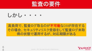 Copyright © 2019 Yahoo Japan Corporation.AllRights Reserved.
監査の要件
しかし・・・・
原則として、全てのアクセスログ
を記録すること
6
8
高負荷で、監査ログ取るのが不可能なDBが存在する
その場合、セキュリティリスク受容をして監査ログ未取
得の状態で運用するが、対応期限がある
 