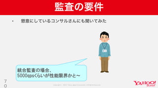 Copyright © 2019 Yahoo Japan Corporation.AllRights Reserved.
監査の要件
• 懇意にしているコンサルさんにも聞いてみた
7
0
統合監査の場合、
5000qpsくらいが性能限界かと～
 