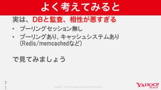 Copyright © 2019 Yahoo Japan Corporation.AllRights Reserved.
よく考えてみると
実は、DBと監査、相性が悪すぎる
• プーリングセッション無し
• プーリングあり、キャッシュシステムあり
(Redis/memcachedなど)
で見てみましょう
7
1
 