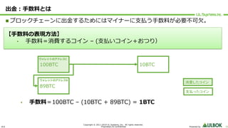 ULS
Copyright © 2011-2019 UL Systems, Inc. All rights reserved.
Proprietary & Confidential Powered by 32
出⾦︓⼿数料とは
n ブロックチェーンに出⾦するためにはマイナーに⽀払う⼿数料が必要不可⽋。
10BTC100BTC
89BTC
ウォレットのアドレスC
ウォレットのアドレスB
【⼿数料の表現⽅法】
• ⼿数料＝消費するコイン – (⽀払いコイン＋おつり）
消費したコイン
支払ったコイン
• ⼿数料＝100BTC – (10BTC + 89BTC) = 1BTC
 