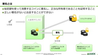 ULS
Copyright © 2011-2019 UL Systems, Inc. All rights reserved.
Proprietary & Confidential Powered by 33
署名とは
n 秘密鍵を使って消費するコインに署名し、正当な所有者であることを証明すること
n 正しい署名がないと出⾦することができない
入金用アドレスC
公開鍵
秘密鍵
署名済みのコインだ
け出⾦できる
署名
⼊⾦されたコインはその
ままでは使えない
リジェクトされる
⼊⾦⽤アドレスに対
応する秘密鍵
 