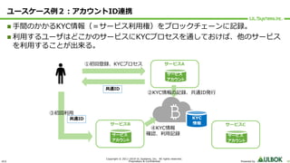 ULS
Copyright © 2011-2019 UL Systems, Inc. All rights reserved.
Proprietary & Confidential Powered by 40
ユースケース例２︓アカウントID連携
n ⼿間のかかるKYC情報（＝サービス利⽤権）をブロックチェーンに記録。
n 利⽤するユーザはどこかのサービスにKYCプロセスを通しておけば、他のサービス
を利⽤することが出来る。
サービス
アカウント
サービス
アカウント
サービス
アカウント
サービスA
サービスB サービスC
②KYC情報の記録、共通ID発⾏
KYC
情報
④KYC情報
確認、利⽤記録
共通ID
共通ID
①初回登録、KYCプロセス
③初回利⽤
 