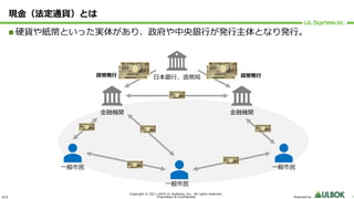 ULS
Copyright © 2011-2019 UL Systems, Inc. All rights reserved.
Proprietary & Confidential Powered by 7
現⾦（法定通貨）とは
n 硬貨や紙幣といった実体があり、政府や中央銀⾏が発⾏主体となり発⾏。
⽇本銀⾏、造幣局
⾦融機関 ⾦融機関
⼀般市⺠⼀般市⺠
⼀般市⺠
貨幣発⾏ 貨幣発⾏
 