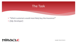 Copyright © Miracle Finland Oy
* ”Which customers would most likely buy the insurance?”
* (SQL Developer)
The Task
 