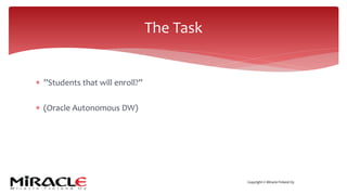 Copyright © Miracle Finland Oy
* ”Students that will enroll?”
* (Oracle Autonomous DW)
The Task
 