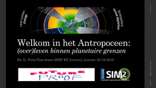 Welkom in het Antropoceen:
(over)leven binnen planetaire grenzen
Dr. Ir. Peter Tom Jones (SIM² KU Leuven), Leuven, 20-10-2019
Jones-KULeuven20/10/2019
1
 