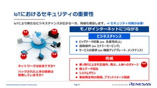 © 2019 Renesas Electronics Corporation. All rights reserved.
IoTにおけるセキュリティの重要性
Page 10
IoTにより新たなビジネスチャンスが広がる一方、脅威も増加します。⇒ セキュリティ対策が必要!
⚫ ビッグデータ収集 (ex. 生産性向上)
⚫ 遠隔操作 (ex エナジーセービング)
⚫ サービスの提供 (ex 機能アップグレード、メンテナンス）
⚫ 乗っ取りによる不正操作、発火、人体へのダメージ
⚫ 個人データ流出
⚫ システムダウン
⚫ 事故発生時の賠償、ブランドイメージ毀損
モノがインターネットにつながる
ネットワークは安全ですか?
ハックされたときの損害は
想像していますか?
ビジネスチャンス
脅威
 