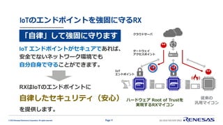 © 2019 Renesas Electronics Corporation. All rights reserved.
IoTのエンドポイントを強固に守るRX
RXはIoTのエンドポイントに
自律したセキュリティ（安心）
を提供します。
「自律」して強固に守ります
IoT エンドポイントがセキュアであれば、
安全でないネットワーク環境でも
自分自身で守ることができます。
ハードウェア Root of Trustを
実現するRXマイコン
従来の
汎用マイコン
ゲートウェイ
アクセスポイント
IoT
エンドポイント
クラウドサーバ
Page 11
 
