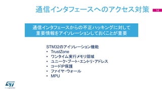 通信インタフェースへのアクセス対策 14
通信インタフェースからの不正ハッキングに対して
重要情報をアイソレーションしておくことが重要
STM32のアイソレーション機能
• TrustZone
• ワンタイム実行メモリ領域
• ユニーク・ブート・エントリ・アドレス
• コードIP保護
• ファイヤ･ウォール
• MPU
 