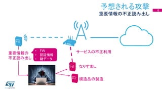 予想される攻撃
重要情報の不正読み出し
8
重要情報の
不正読み出し
模造品の製造
なりすまし
サービスの不正利用• FW
• 認証情報
• 鍵データ
 