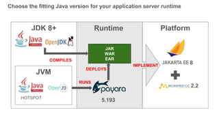JDK 8+ Platform
Choose the fitting Java version for your application server runtime
JVM
JAR
WAR
EARCOMPILES
RUNS
IMPLEMENT...