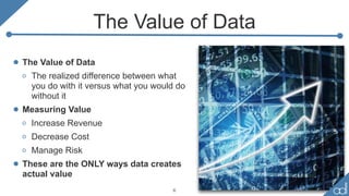 The Value of Data
• The Value of Data
o The realized difference between what
you do with it versus what you would do
without it
• Measuring Value
o Increase Revenue
o Decrease Cost
o Manage Risk
• These are the ONLY ways data creates
actual value
6
 