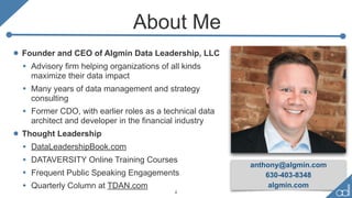 • Founder and CEO of Algmin Data Leadership, LLC
• Advisory firm helping organizations of all kinds
maximize their data im...
