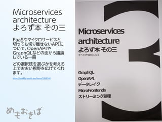 Microservices
architecture
よろず本 その三
FaaSやマイクロサービスと
切っても切り離せないAPIに
ついて、OpenAPIや
GraphQLなどの面から議論
している一冊
どの選択肢を選ぶかを考える
上でおおい視野を広げてくれ
ます。
https://ota42y.booth.pm/items/1316740
 