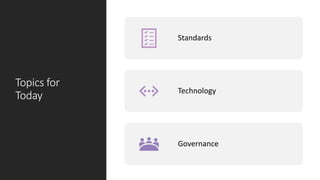 Topics for
Today
Standards
Technology
Governance
 