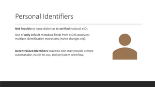 Personal Identifiers
Not Feasible to issue diplomas to verified national eIDs.
Use of only default metadata fields from eIDAS produces
multiple identification exceptions (name changes etc).
Decentralised Identifiers linked to eIDs may provide a more
automatable, easier to use, and persistent workflow.
 
