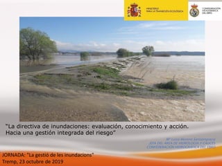 JORNADA: "La gestió de les inundacions"
Tremp, 23 octubre de 2019
Mª Luisa Moreno Santaengracia
JEFA DEL ÁREA DE HIDROLOGÍA Y CAUCES
CONFEDERACIÓN HIDROGRÁFICA DEL EBRO
“La directiva de inundaciones: evaluación, conocimiento y acción.
Hacia una gestión integrada del riesgo”
 