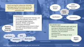 Social Learning (SL) umfasst das informelle,
selbstorganisierte und vernetzte Lernen, das
durch Social Media und soziale Netzwerke
unterstützt wird.
Herausforderungen:
− Welche (neuen) Anforderungen stellt Social
Learning an Lehrende und Lernende?
− Wie kann man Mitarbeitende/ Lernende
motivieren, sich mit anderen
auszutauschen?
− Wie misst man den Erfolg von Social
Learning?
− .... Weitere
Fragen?
Einsatzszenarien:
− SL als Ergänzung klassischer Trainings- und
Lernformate (Beispiel: Online-Foren)
− SL als eigenständige Angebote
(Beispiele: MOOCs, Lerngruppen,
Communities of Practice)
− SL als selbstorganisiertes Lernen im Netz
(mit Hilfe von Social Media/ in sozialen
Netzwerken)
BarCamps
Hackathons
WOL
Work Hacks
Connectivism
Selbst-
bestimmungs-
theorie
70:20:10-
Modell
Gamification
Hinter-
grund
DSAG Thementag Bildung, 24.10.2019, Knowledge-Cafe „Social Learning“ Jochen Robes
Welche SL-
Beispiele
kennen Sie?
 