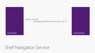 Shell Navigation Service
Shell.Current
.GoToAsync($"detail?id={city.id}");
 