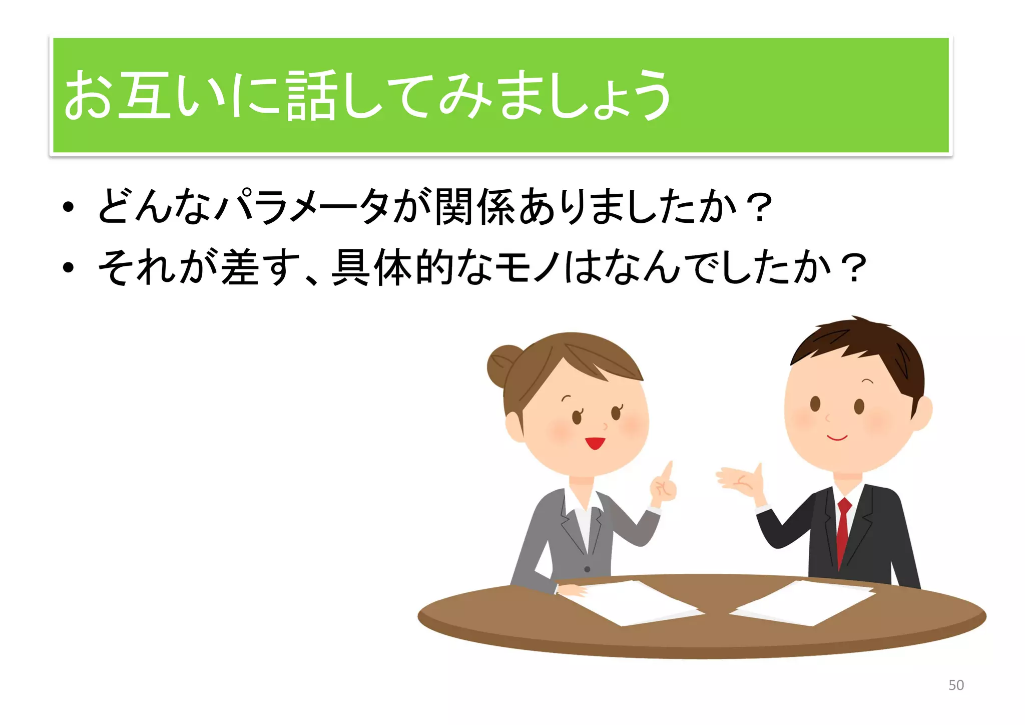 50
お互いに話してみましょう
• どんなパラメータが関係ありましたか？
• それが差す、具体的なモノはなんでしたか？
 
