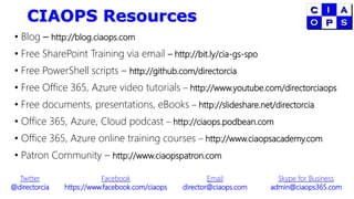 CIAOPS Resources
• Blog – http://blog.ciaops.com
• Free SharePoint Training via email – http://bit.ly/cia-gs-spo
• Free PowerShell scripts – http://github.com/directorcia
• Free Office 365, Azure video tutorials – http://www.youtube.com/directorciaops
• Free documents, presentations, eBooks – http://slideshare.net/directorcia
• Office 365, Azure, Cloud podcast – http://ciaops.podbean.com
• Office 365, Azure online training courses – http://www.ciaopsacademy.com
• Patron Community – http://www.ciaopspatron.com
Twitter
@directorcia
Facebook
https://www.facebook.com/ciaops
Email
director@ciaops.com
Skype for Business
admin@ciaops365.com
 