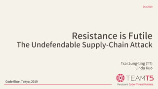 Resistance is Futile
The Undefendable Supply-Chain Attack
Oct 2019
Tsai Sung-ting (TT)
Linda Kuo
Code Blue, Tokyo, 2019
 