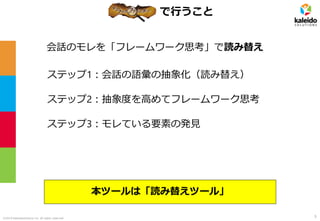 ©2019 kaleidosolutions inc. all rights reserved
で行うこと
会話のモレを「フレームワーク思考」で読み替え
本ツールは「読み替えツール」
ステップ1：会話の語彙の抽象化（読み替え）
ステップ2：抽象度を高めてフレームワーク思考
ステップ3：モレている要素の発見
5
 