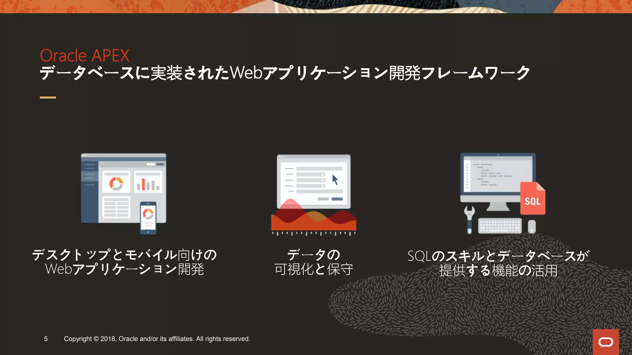 Oracle APEX
データベースに実装されたWebアプリケーション開発フレームワーク
Copyright © 2018, Oracle and/or its affiliates. All rights reserved.5
データの
可視化と保守
SQLのスキルとデータベースが
提供する機能の活用
デスクトップとモバイル向けの
Webアプリケーション開発
 