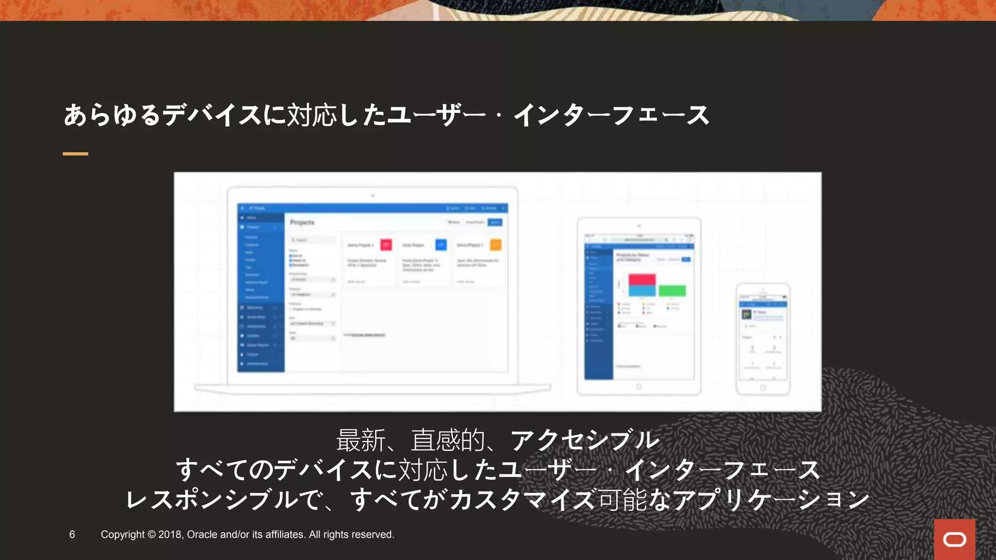 あらゆるデバイスに対応したユーザー・インターフェース
Copyright © 2018, Oracle and/or its affiliates. All rights reserved.6
最新、直感的、アクセシブル
すべてのデバイスに対応したユーザー・インターフェース
レスポンシブルで、すべてがカスタマイズ可能なアプリケーション
 