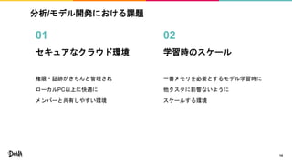 分析/モデル開発における課題
14
01
セキュアなクラウド環境
権限・証跡がきちんと管理され
ローカルPC以上に快適に
メンバーと共有しやすい環境
02
学習時のスケール
一番メモリを必要とするモデル学習時に
他タスクに影響ないように
スケールする環境
 