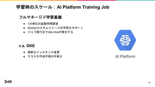 フルマネージド学習基盤
● 1分単位の起動時間課金
● Dockerカスタムイメージの学習をサポート
● ジョブ実行までidle timeが発生する
v.s. GKE
● 柔軟なインスタンス変更
● クラスタ作成不要の手軽さ
学習時のスケール：AI Platform Training Job
16
AI Platform
 