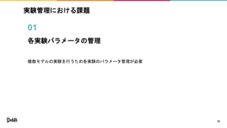 実験管理における課題
18
01
各実験パラメータの管理
複数モデルの実験を行うため各実験のパラメータ管理が必要
 