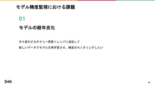 モデル精度監視における課題
28
01
モデルの経年劣化
日々変化するタクシー需要トレンドに追従して
新しいデータでモデルを再学習させ、精度をモニタリングしたい
 