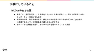 MLOpsの立ち位置
● 業務ごとに専門性が増し、生産性向上のために分業化が進むと、個々人が把握できる
コンポーネントは減ってしまう
● 再現性の担保、依存関係の管理、精度やエラー監視する仕組みなどのMLOpsを事前
に準備することで、技術的負債を減らすことができる
● チームごとの課題を把握し、予めI/Fや方針を握っておくことが重要
大事にしていること
31
 