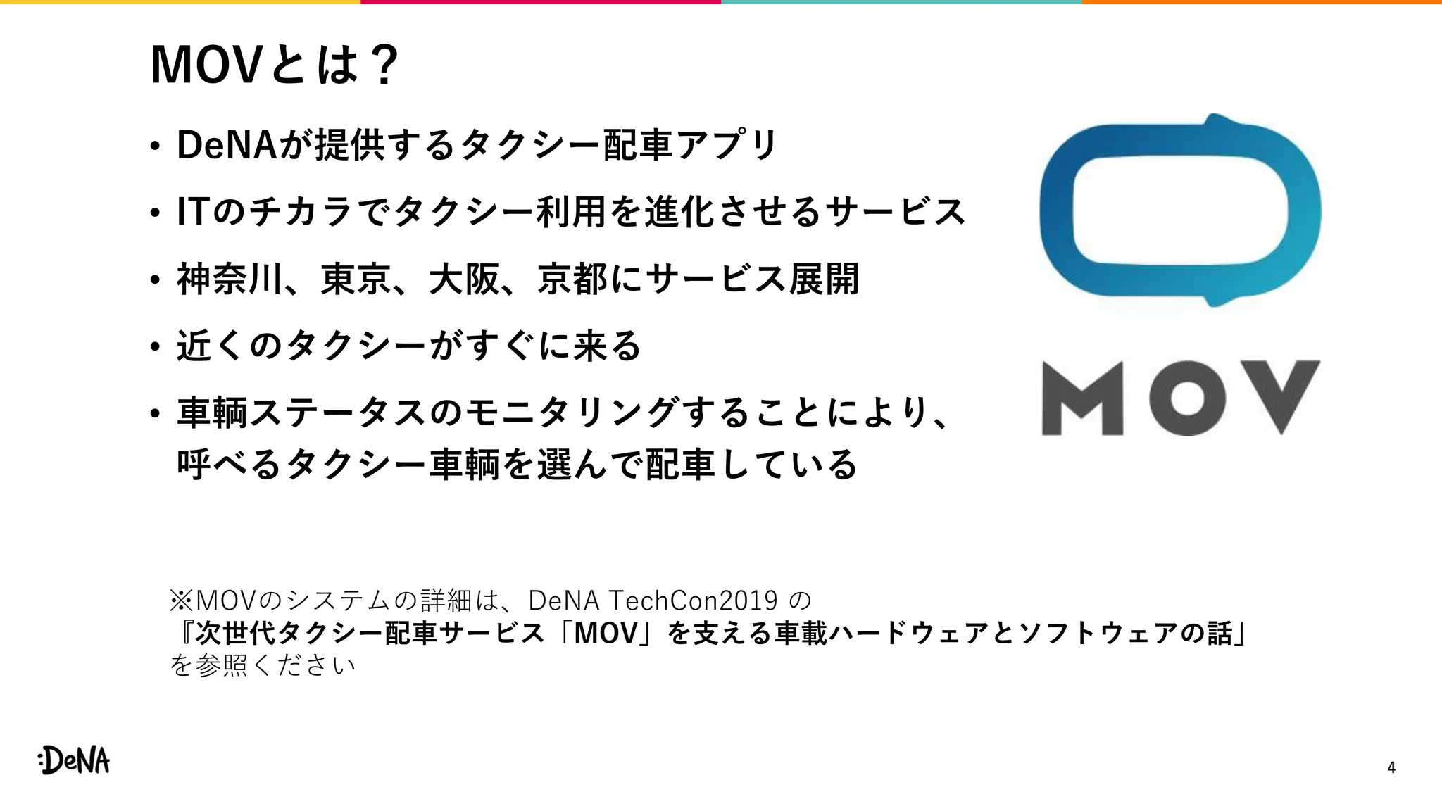 MOVとは？
• DeNAが提供するタクシー配車アプリ
• ITのチカラでタクシー利用を進化させるサービス
• 神奈川、東京、大阪、京都にサービス展開
• 近くのタクシーがすぐに来る
• 車輌ステータスのモニタリングすることにより、
呼べるタクシー車輌を選んで配車している
4
※MOVのシステムの詳細は、DeNA TechCon2019 の
『次世代タクシー配車サービス「MOV」を支える車載ハードウェアとソフトウェアの話」
を参照ください
 