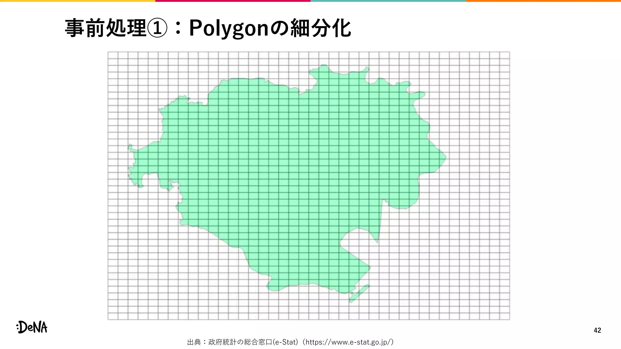事前処理①：Polygonの細分化
42
出典：政府統計の総合窓口(e-Stat)（https://www.e-stat.go.jp/）
 