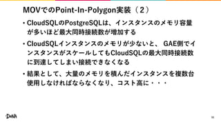 MOVでのPoint-In-Polygon実装（２）
• CloudSQLのPostgreSQLは、インスタンスのメモリ容量
が多いほど最大同時接続数が増加する
• CloudSQLインスタンスのメモリが少ないと、 GAE側でイ
ンスタンスがスケールしてもCloudSQLの最大同時接続数
に到達してしまい接続できなくなる
• 結果として、大量のメモリを積んだインスタンスを複数台
使用しなければならなくなり、コスト高に・・・
33
 