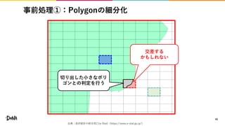 事前処理①：Polygonの細分化
45
切り出した小さなポリ
ゴンとの判定を行う
交差する
かもしれない
出典：政府統計の総合窓口(e-Stat)（https://www.e-stat.go.jp/）
 