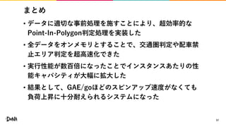 まとめ
• データに適切な事前処理を施すことにより、超効率的な
Point-In-Polygon判定処理を実装した
• 全データをオンメモリとすることで、交通圏判定や配車禁
止エリア判定を超高速化できた
• 実行性能が数百倍になったことでインスタンスあたりの性
能キャパシティが大幅に拡大した
• 結果として、GAE/goほどのスピンアップ速度がなくても
負荷上昇に十分耐えられるシステムになった
57
 