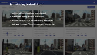 Introducing Kaiseki-kun
16
• Maintainable and scalable analysis tool
• Automates boring manual processes
• Visualization through a user-friendly web viewer
• Lets you focus on AI work (parameter tuning, etc.)
 