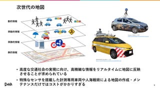次世代の地図
• 高度な交通社会の実現に向け、高精細な情報をリアルタイムに地図に反映
させることが求められている
• 特殊なセンサを搭載した計測専用車両や人海戦術による地図の作成・メン
テナンスだけではコストがかかりすぎる 5
首都高技術株式会社資料より引用
https://www.infradoctor.jp/details/detail20190313.pdf
©️OpenStreetMap contributors
動的情報
準動的情報
準静的情報
静的情報
Google LLC資料より引用
https://www.google.com/streetview/explore/
 