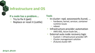 If a node has a problem...
• Try to fix it (pet)
• Replace or reset it (cattle)
Infrastructure and OS
Tools
• In-cluster: npd, weaveworks kured, ...
• hardware, kernel, servicer, container
runtime issues
• reboot
• Infrastructure provider automation
• AWS ASG, Azure Scale Set, ...
• External auto node recovery logic
• Custom + infrastructure provider API
• Cluster management solution
• (Future) cluster API
@olgch, @kublr
 